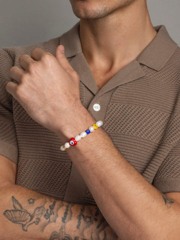 Nialaya Men's Beaded Bracelet Men's Smiley Face Pearl Bracelet